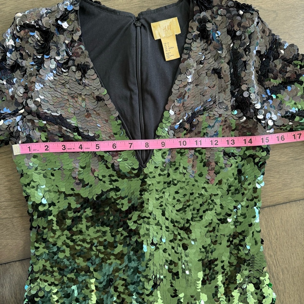 H&M Gold Label Long Sleeve Ombre Sequin Dress Green Black Size 4 - Picture 6 of 13